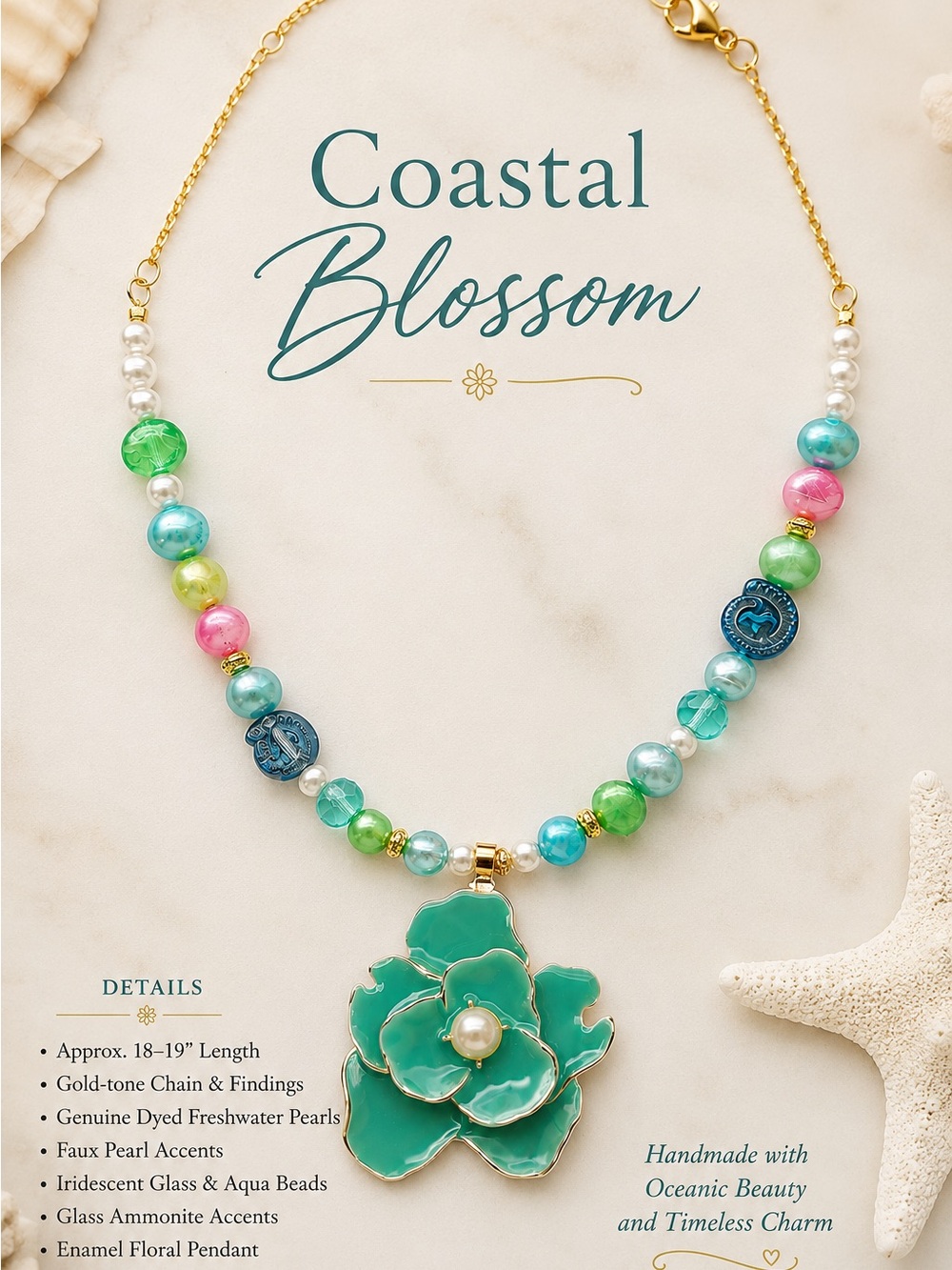 “Coastal Blossom”-Freshwater Pearls,Glass,Enamel Flower Pendant